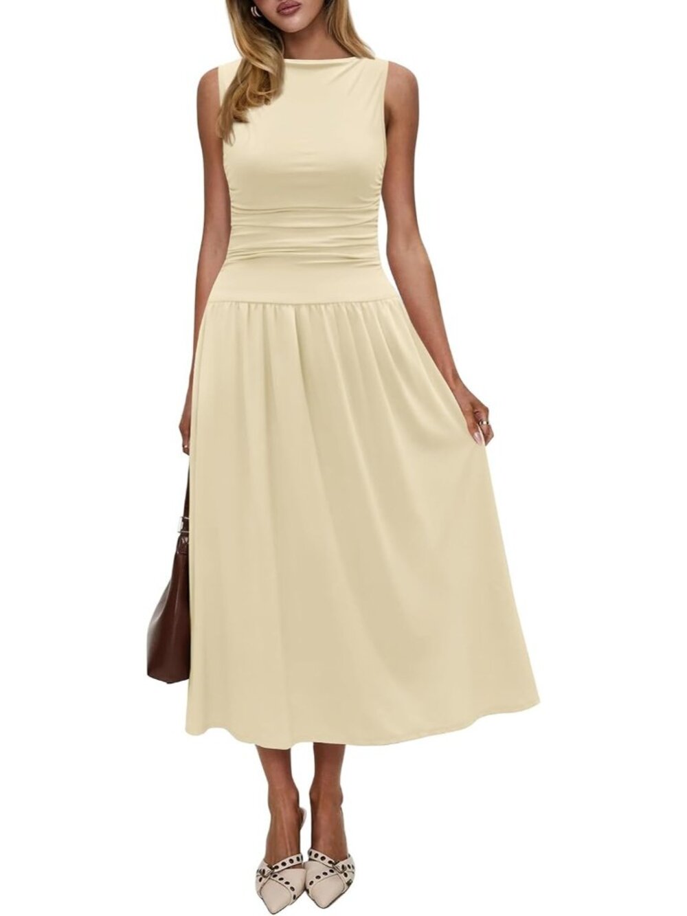 Women's Yellow Summer High Neck Drop Waist Formal Wedding Guest Long Maxi Dress